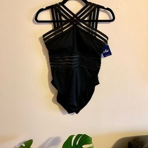 NWT- Black Illusion One Piece Swimsuit Size 8-10